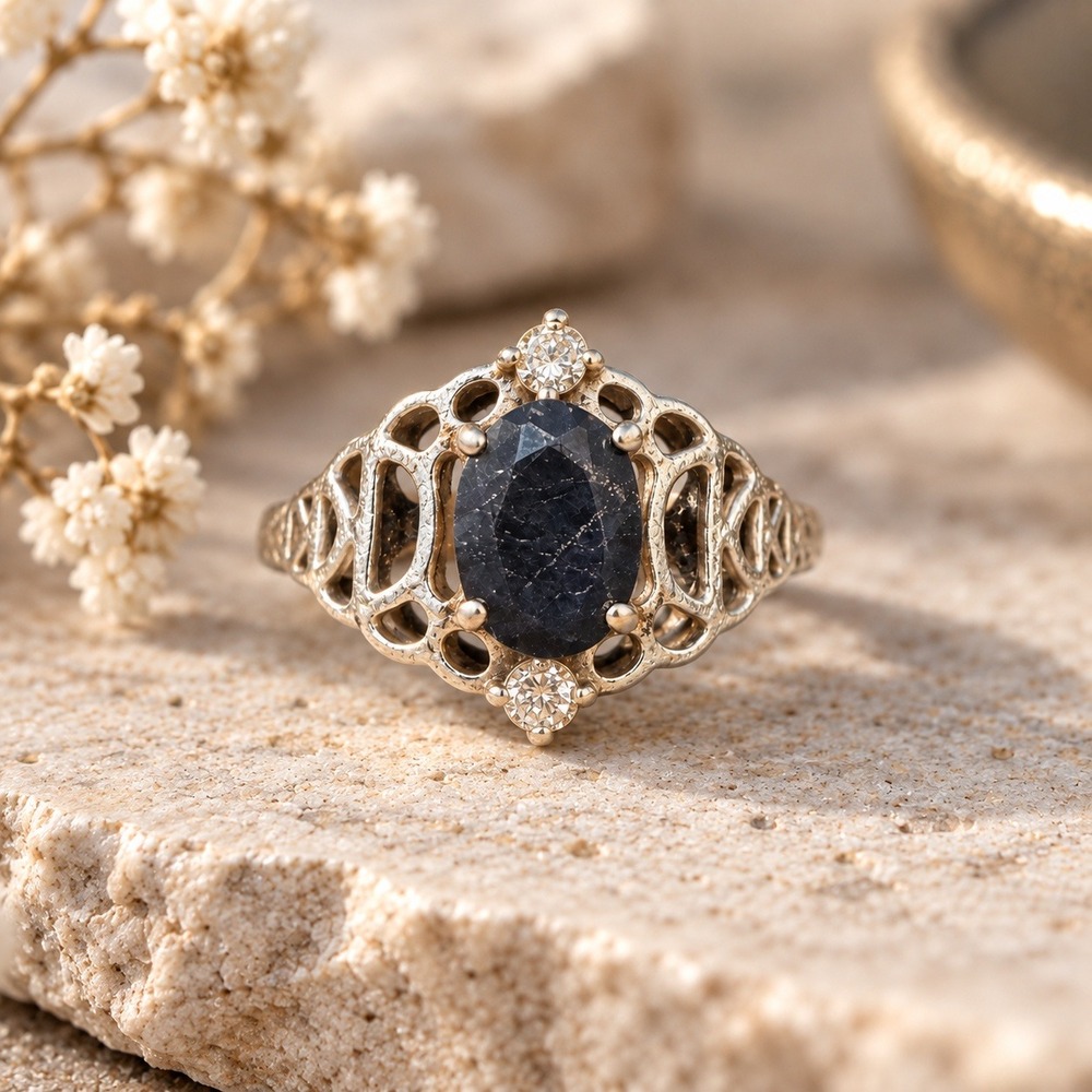 NVC Sterling Silver Oval Faux Sapphire Diamond Filigree Ring Size 6 925